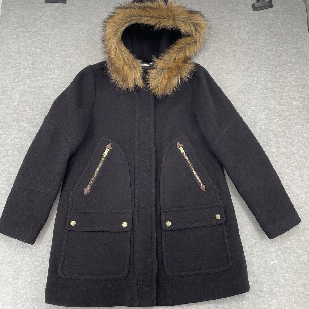 J Crew Stadium Cloth Nello Gori Coat Women's Size 10 Black Wool Blend Fur Hood